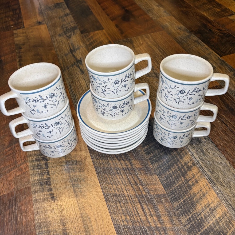 Lenox Temper-ware Blue Breeze Coffee Cups and Dewdrops Saucers Set of 16 USA